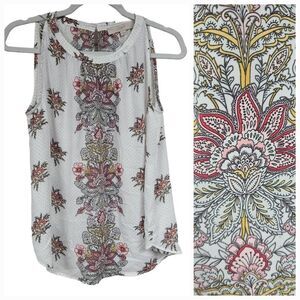 LOFT Ivory Floral Shirred Shell Polka Dot Sleeveless Blouse Women's Keyhole Top